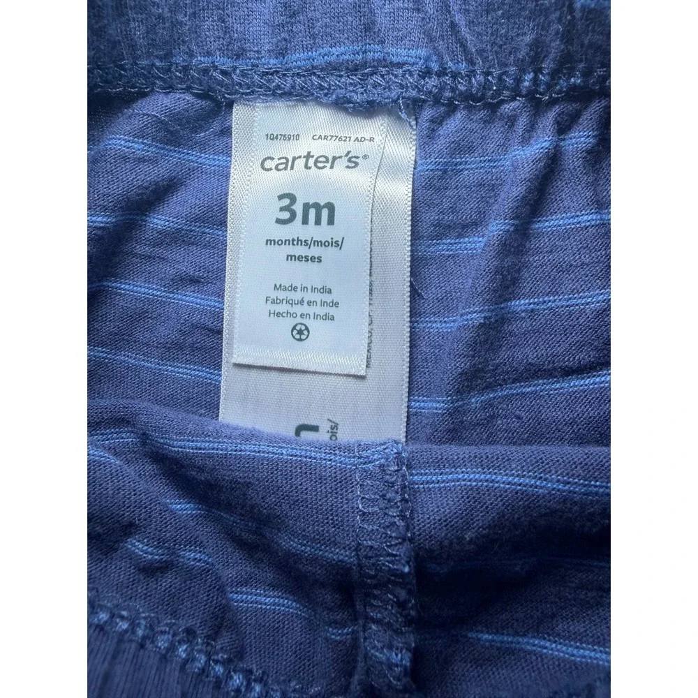 Carter's 2 Piece Outfit Baby Boy 3M Blue Striped Hooded Pants Set Sun Embroidery